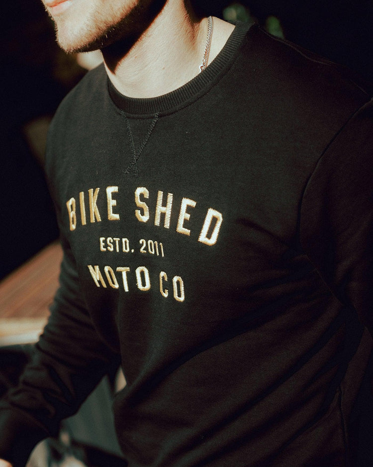 Steve wearing our BSMC Moto Co. Sweat - Black/Gold