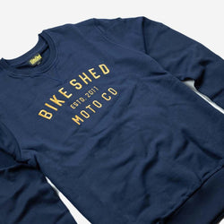 BSMC Moto Co. logo Sweatshirt - Navy/Mustard, side on close up
