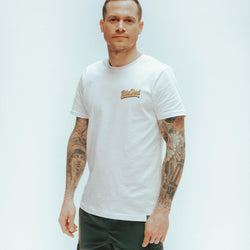 Luca modelling our BSMC Motorcycle Mural Graphic T Shirt - White