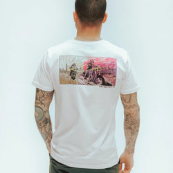 Luca modelling our BSMC Motorcycle Mural Graphic T Shirt - White