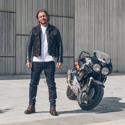 Donny standing next to his Fireblade wearing our BSMC Protective - Road Jean - Raw Indigo