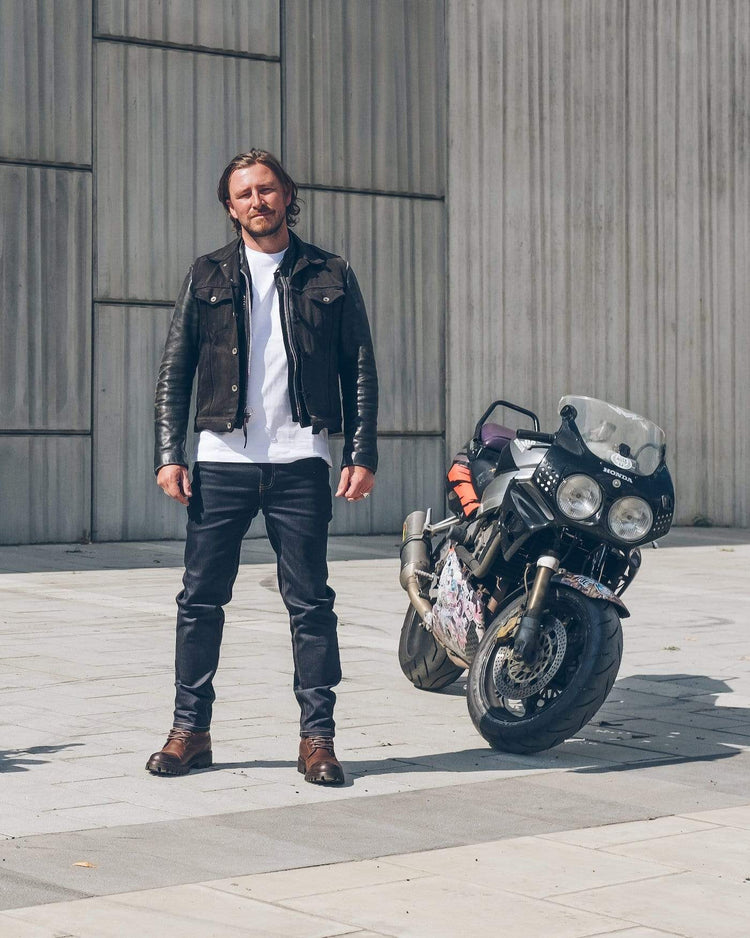 Donny standing next to his Fireblade wearing our BSMC Protective - Road Jean - Raw Indigo