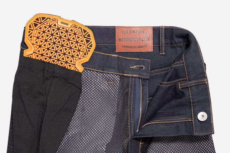 BSMC Protective - Road Jean - Raw Indigo, inside out with armour in armour pocket