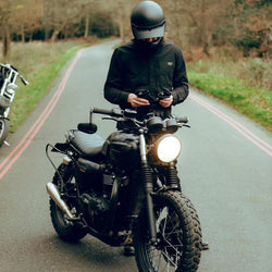 Dan standing next to his Triumph wearing our BSMC Ripstop Utility Shirt MKII - BLACK