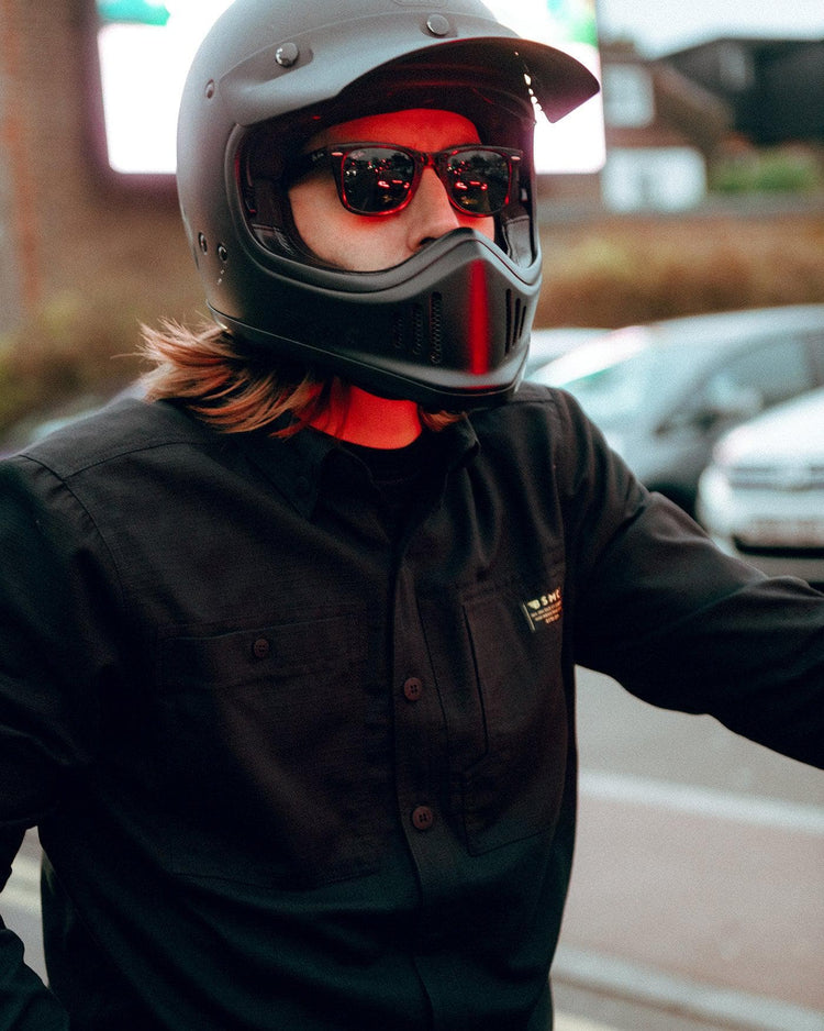 Dan at the traffic lights wearing our BSMC Ripstop Utility Shirt MKII - BLACK