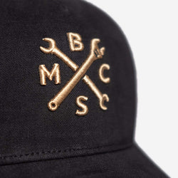 Motorcycle embroidered logo baseball hat - Black & Gold, logo close up