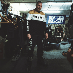 Dan wearing our Motorcycle Wing Race Jersey - Gold getting ready to ride