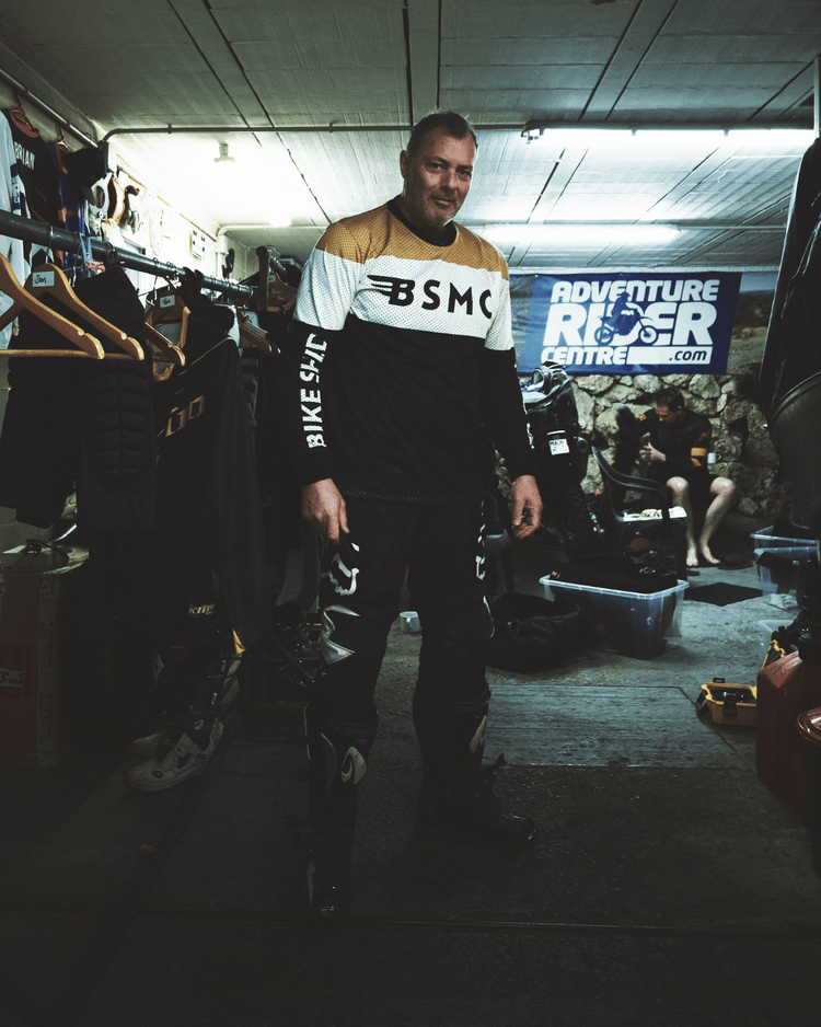 Dan wearing our Motorcycle Wing Race Jersey - Gold getting ready to ride