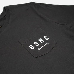 BSMC Women's ESTD. Pocket T Shirt - Black, pocket and logo close up