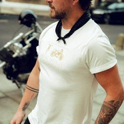 Donny wearing our BSMC x Royal Enfield Aspect T Shirt - White