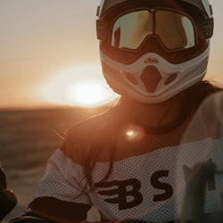 Caro wearing our Motorcycle Wing Race Jersey - Gold in the desert