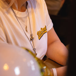 Logo close up on BSMC Motorcycle Mural Graphic T Shirt - White