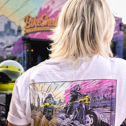 Model wearing our BSMC Motorcycle Mural Graphic T Shirt - White at LA venue