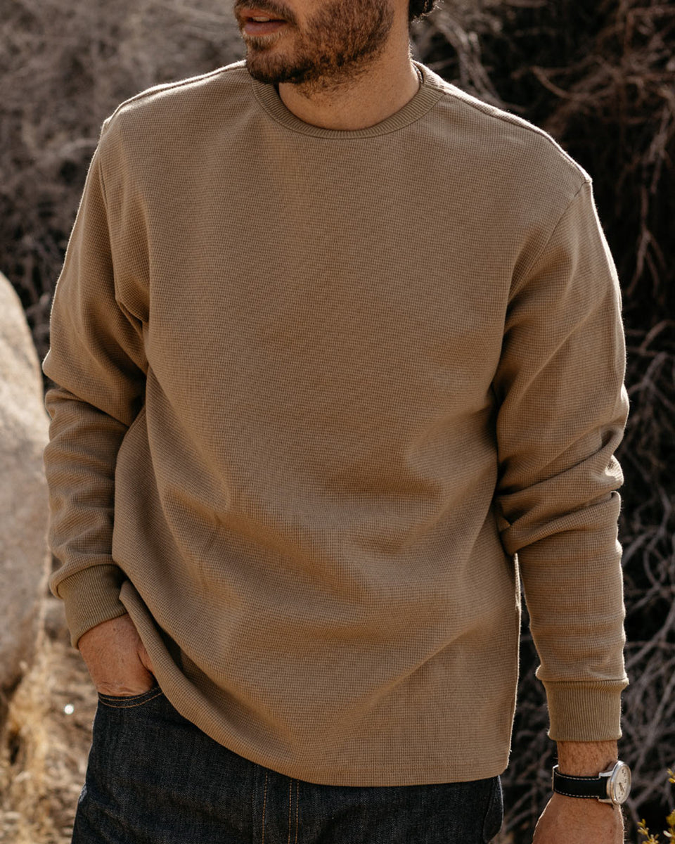Grady + James - Nelson Thermal Crew khaki worn by model outdoors