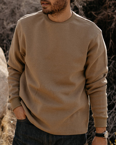 Grady + James - Nelson Thermal Crew khaki worn by model outdoors