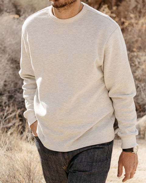 Grady + James - Nelson Thermal Crew heather gray worn by model outdoors