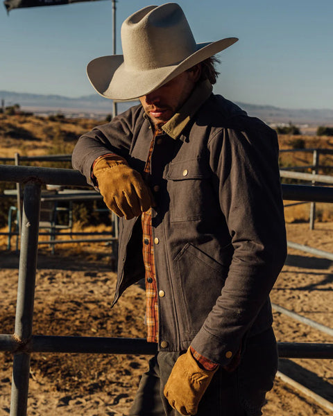 Grady + James - The Johnny Canvas Jacket gray worn by model outdoors on a ranch