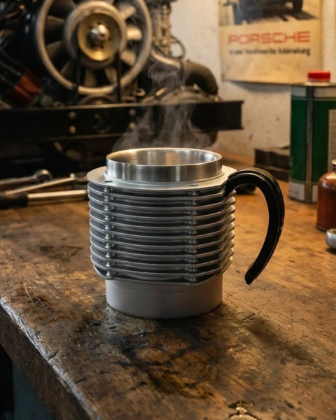 Finned Cylinder Mug - Silver/Black on wooden table