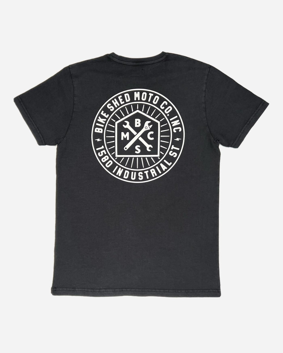 A washed black roundel t-shirt with a white graphic Bike Shed Moto Co. logo on the front. - back