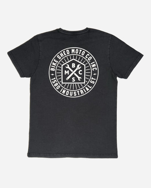 A washed black roundel t-shirt with a white graphic Bike Shed Moto Co. logo on the front. - back