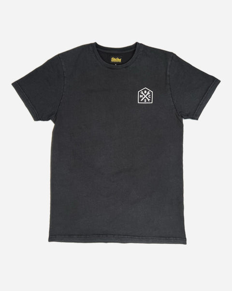 A washed black roundel t-shirt with a white graphic Bike Shed Moto Co. logo on the front. - front
