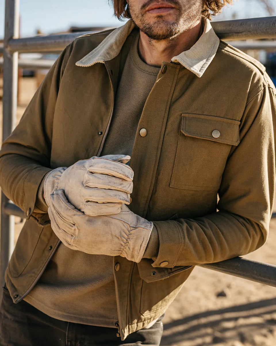 Grady + James - The Johnny Canvas Jacket khaki worn by model outdoors