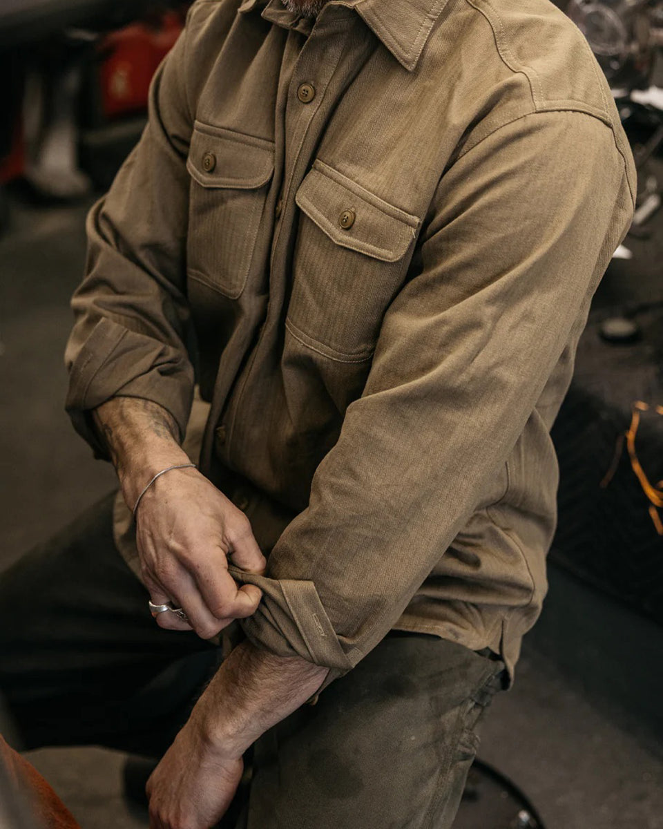 Grady + James - Roy Shirt Khaki worn by model in garage