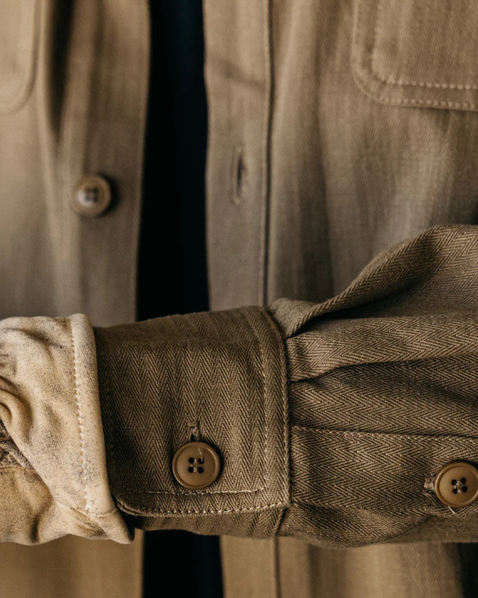 Grady + James - Roy Shirt olive worn by model indoors close up