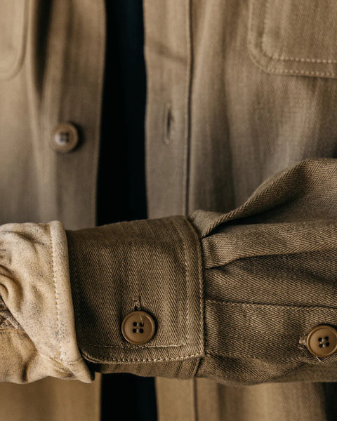 Grady + James - Roy Shirt olive worn by model indoors close up