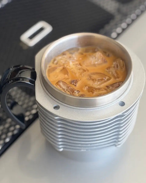 Finned Cylinder Mug - Silver/Black with coffee