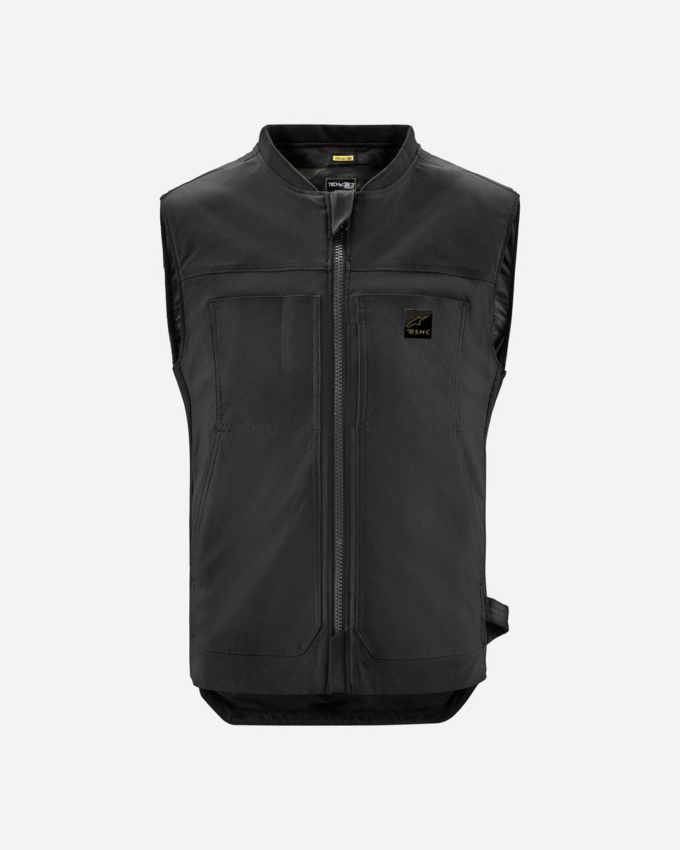 A black Alpinestars Tech-Air 3 canvas airbag vest with a front zipper and logo detail.