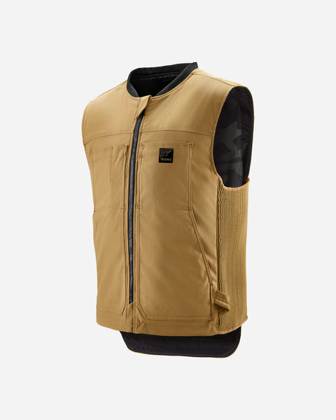 A tan Alpinestars Tech-Air 3 canvas airbag vest with a front zipper and logo on the chest.