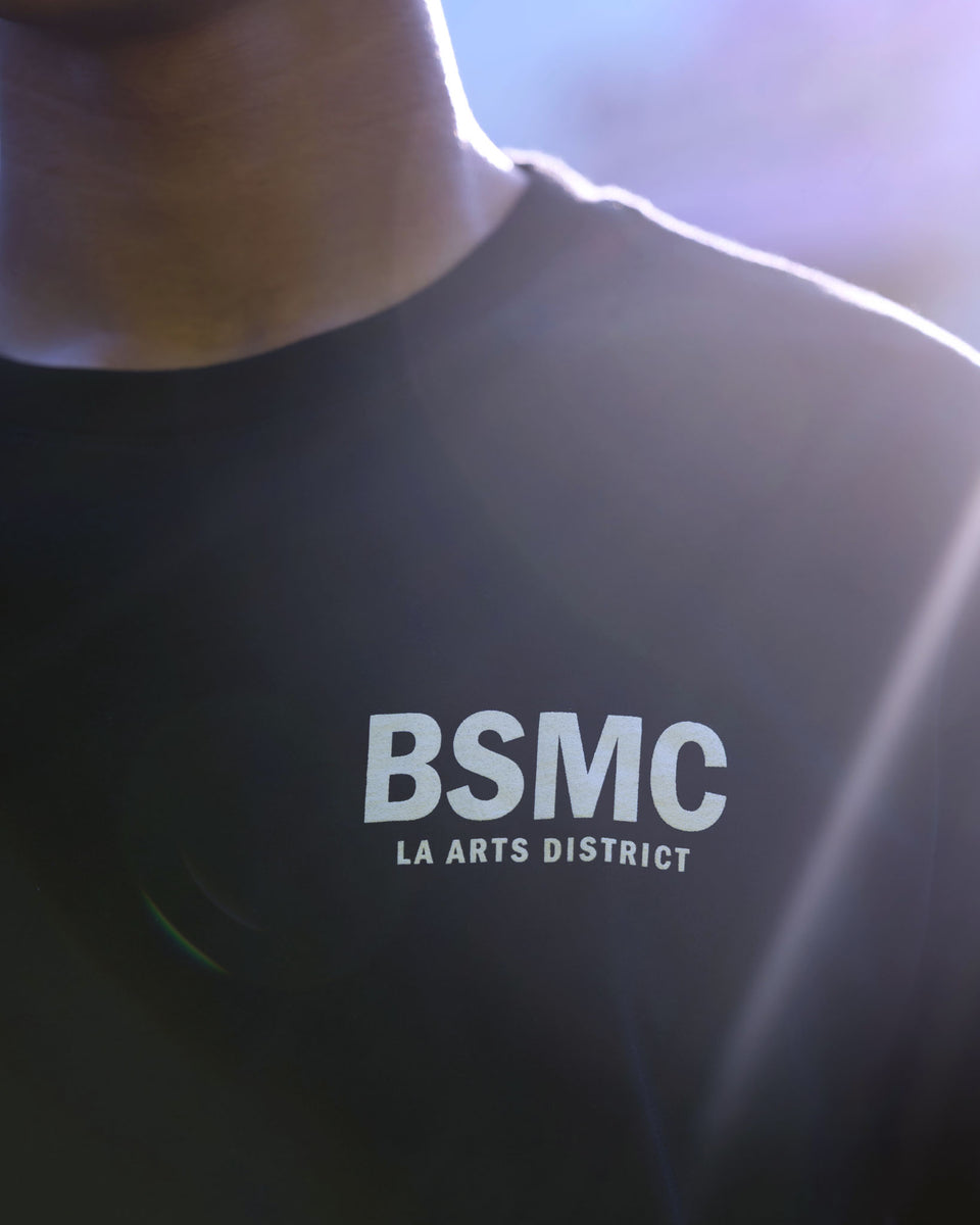 BSMC LA Arts District T-Shirt - Black worn by model front logo close up