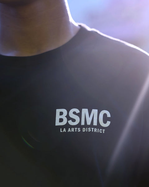 BSMC LA Arts District T-Shirt - Black worn by model front logo close up