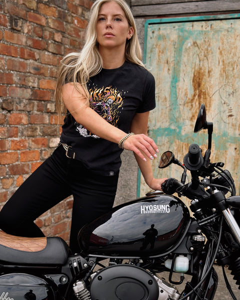Brogan wearing our Motorcycle Resistant Women's Skinny Jean - Black