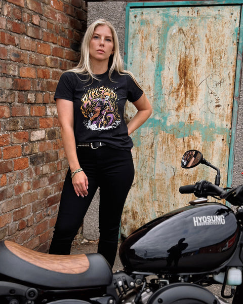 Brogan wearing our BSMC Women's Speed Demon Graphic T-Shirt - Washed Black