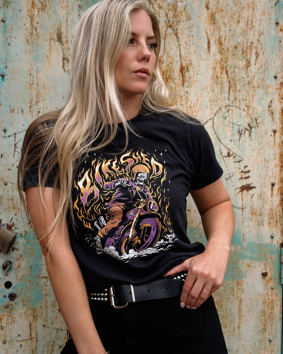 Brogan wearing our BSMC Women's Speed Demon Graphic T-Shirt - Washed Black