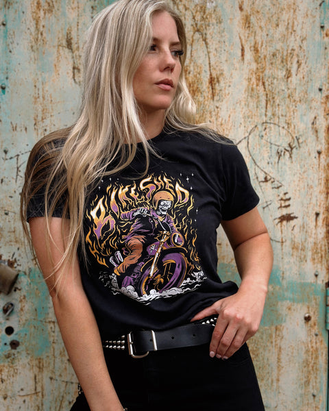 Brogan wearing our BSMC Women's Speed Demon Graphic T-Shirt - Washed Black