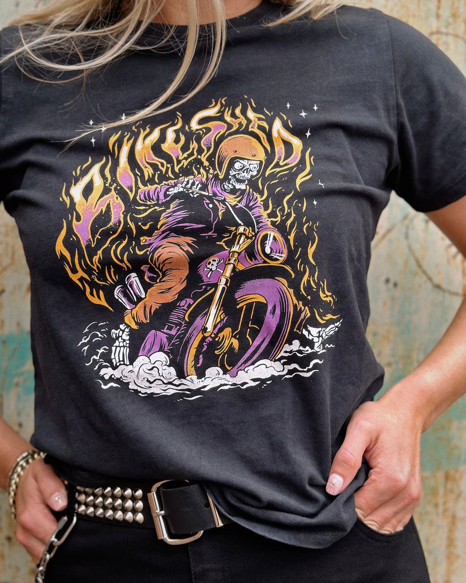 Brogan wearing our BSMC Women's Speed Demon Graphic T-Shirt - Washed Black