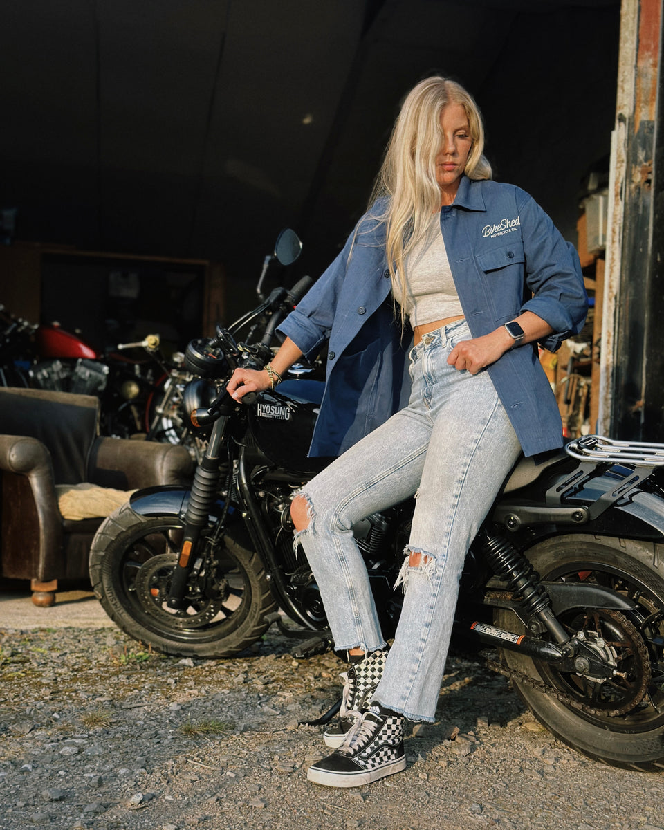 Brogan wearing our BSMC Chain Chore Jacket - Blue