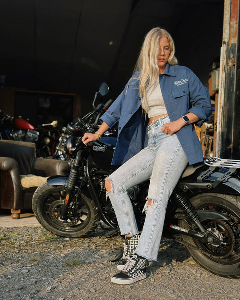 Brogan wearing our BSMC Chain Chore Jacket - Blue