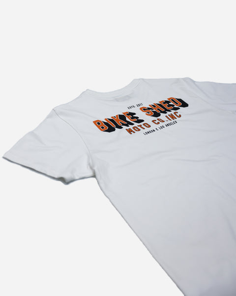 Bike Shed Moto Co. Logo Billboard T-Shirt  - Off White, back logo close up