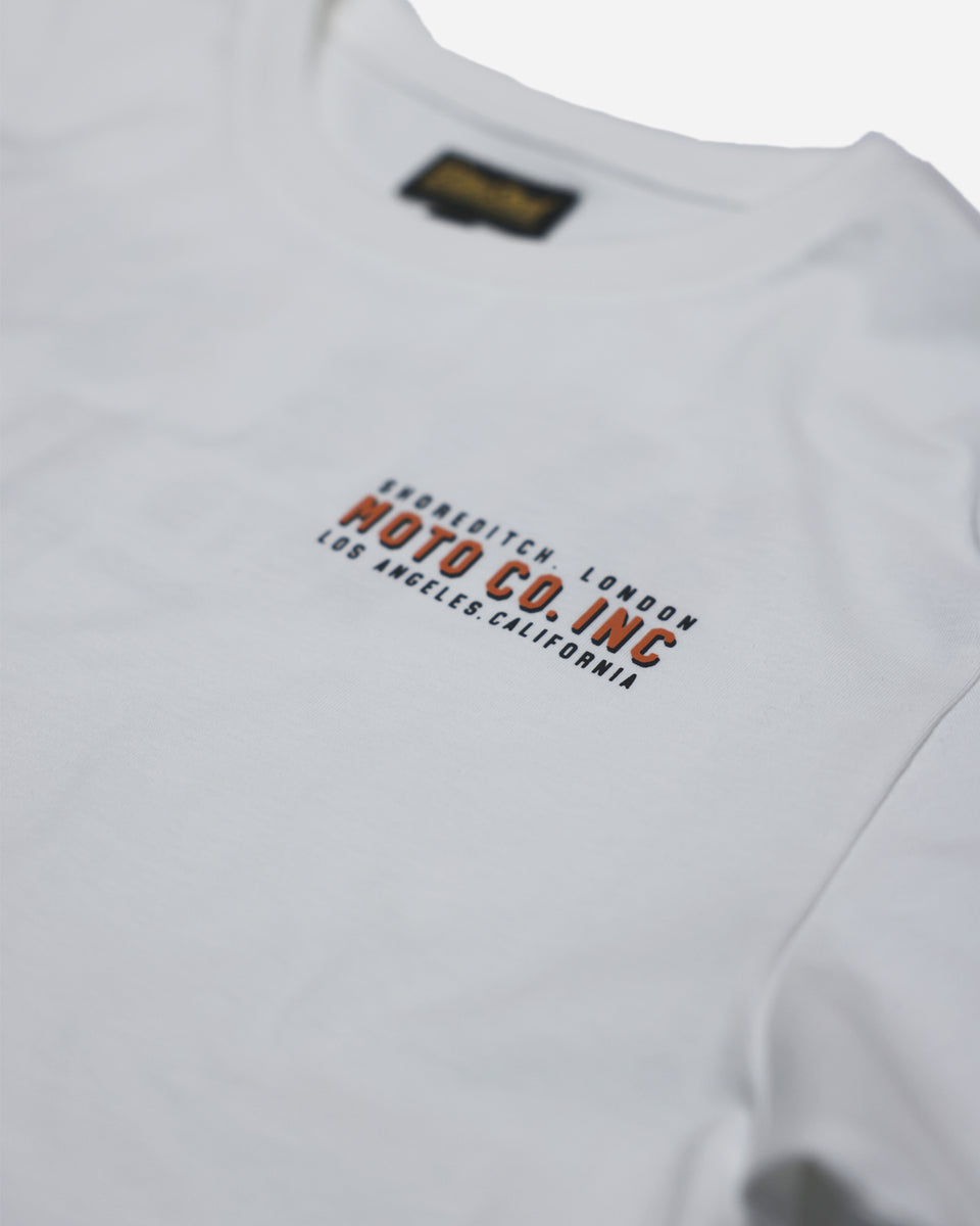 Bike Shed Moto Co. Logo Billboard T-Shirt - Off White, front logo close up