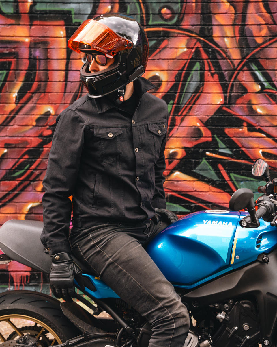 Gareth wearing our Bike Shed Motorcycle Denim Jacket - Cordura Black