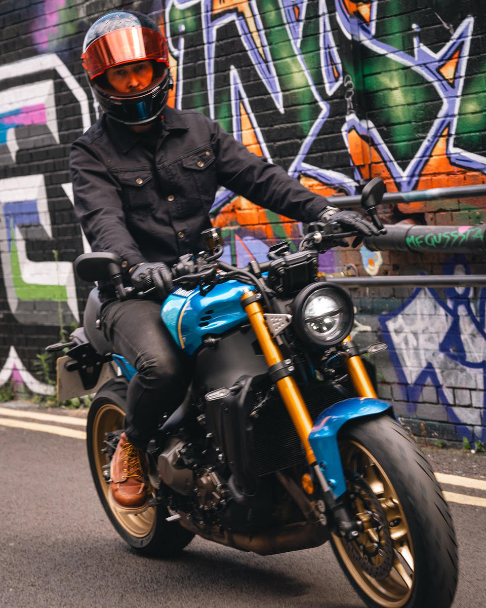 Gareth wearing our Bike Shed Motorcycle Denim Jacket - Cordura Black on a Yamaha XSR