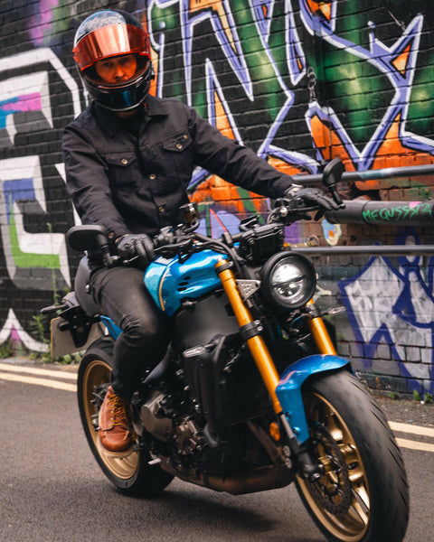 Gareth wearing our Bike Shed Motorcycle Denim Jacket - Cordura Black on a Yamaha XSR