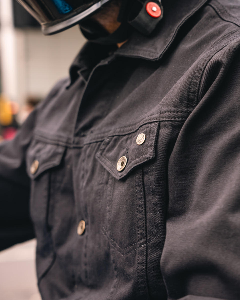 Gareth wearing our Bike Shed Motorcycle Denim Jacket - Cordura Black