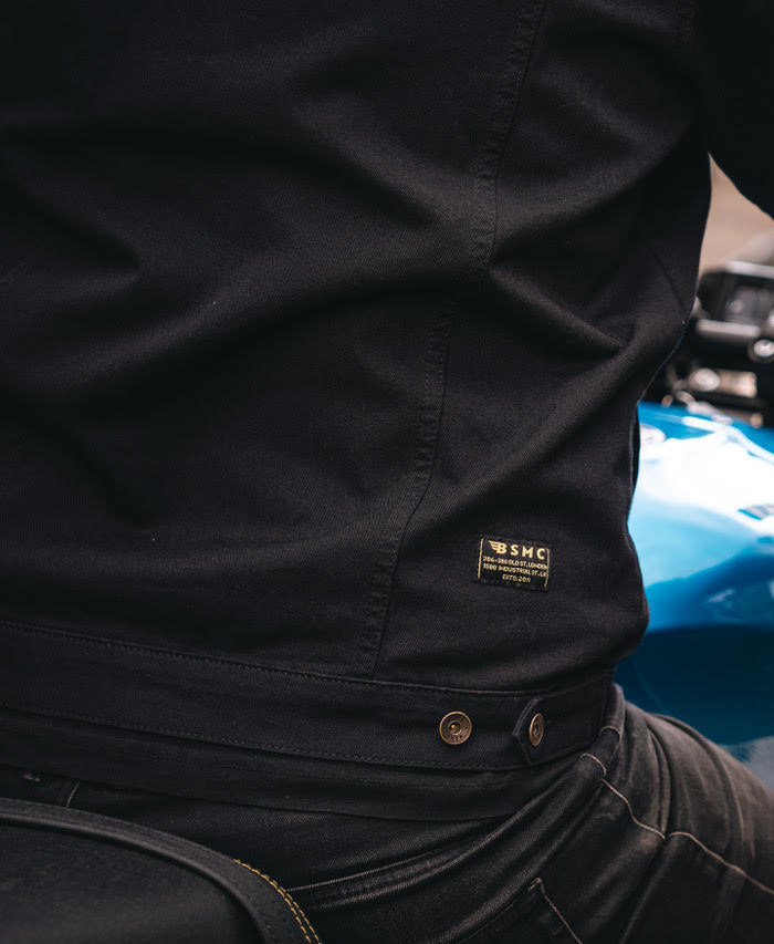 Logo close up of our Bike Shed Motorcycle Denim Jacket - Cordura Black
