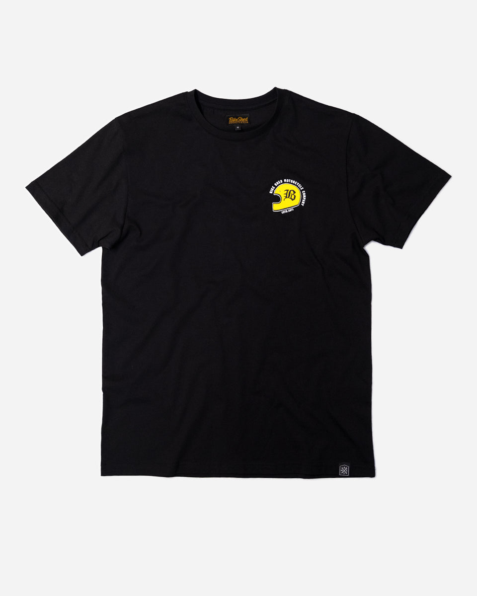 Black T-shirt with a graphic design of a  motorcycle helmet front