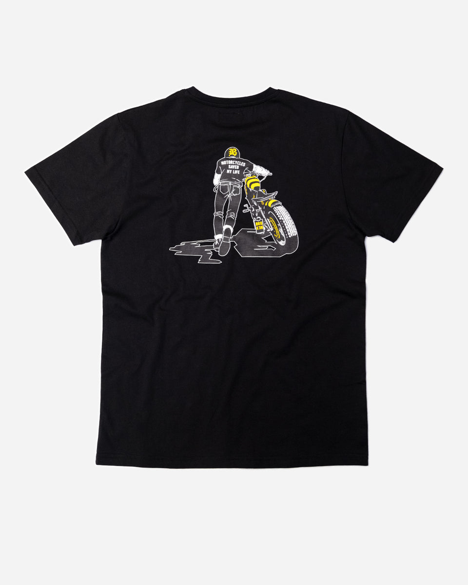 Black T-shirt with a graphic design of a person on a motorcycle back